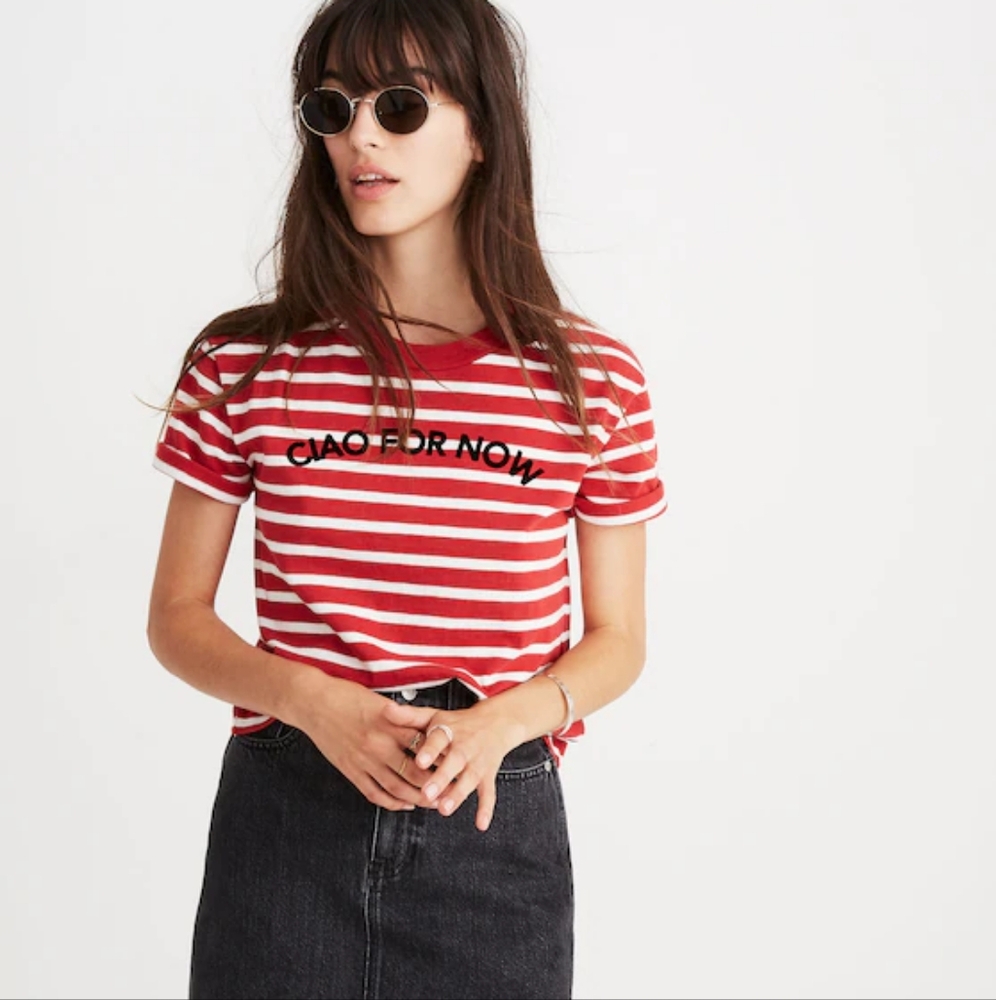 Madewell "Ciao For Now" Red & White Striped Tee Shirt Sz XS